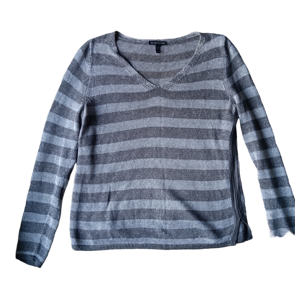 Eileen fisher gray striped 100% organic linen lightweight v neck  sweater sz XXS